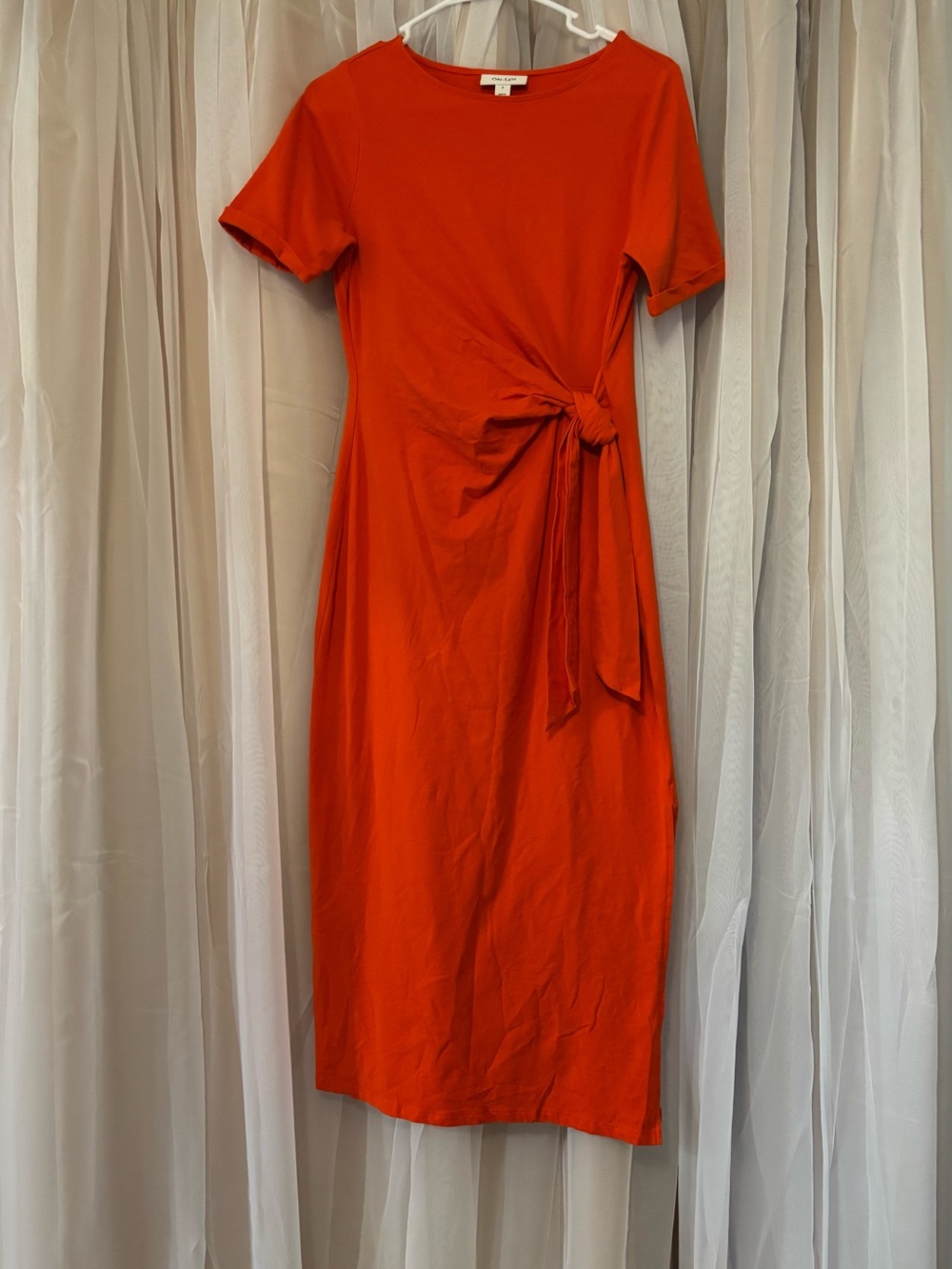 On 34th Orange Tie-Waist Midi Stretch Cotton Crewneck Split Sides Dress Size S